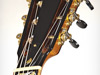 White and gold mother of pearl inlay on a parlor guitar headstock.